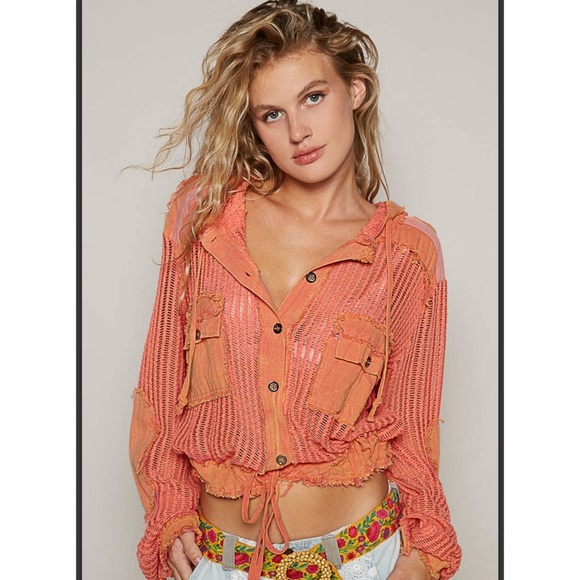 POL Jackets & Blazers - #256 🧡 Coral Open Knit Button-Up Hoodie Jacket